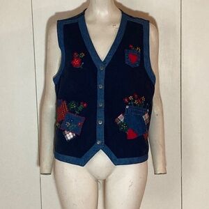 1980 Victoria Jones Navy Blue Vest with Embroidery Flowers and Patches Sz MEDIUM